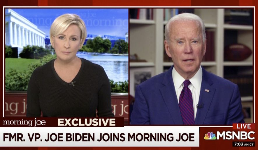 This video framegrab image from MSNBC's Morning Joe, shows Democratic presidential candidate former Vice President Joe Biden speaking to co-host Mika Brzezinski, Friday, May 1, 2020. (MSNBC's Morning Joe via AP)