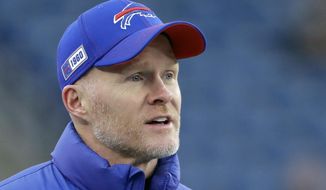 FILE - In this Dec. 21, 2019, file photo, Buffalo Bills head coach Sean McDermott watches his team warm up before an NFL football game in Foxborough, Mass. The 2020 NFL Draft is April 23-25. (AP Photo/Steven Senne, File)