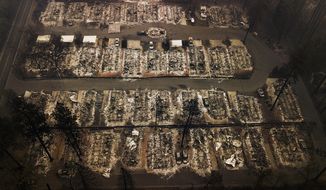 FILE - This Nov. 15, 2018, aerial file photo shows the remains of residences leveled by the Camp wildfire in Paradise, Calif. A decision was announced Friday, May 1, 2020, that Pacific Gas &amp;amp; Electric Corp. will sweep out three quarters of its board of directors to start with a mostly clean slate when it emerges from a bankruptcy case triggered by deadly wildfires ignited in Northern California by the utility&#39;s neglected electrical grid. (AP Photo/Noah Berger, File)