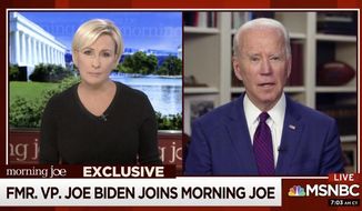 This video framegrab image from MSNBC&#39;s Morning Joe, shows Democratic presidential candidate former Vice President Joe Biden speaking to co-host Mika Brzezinski, Friday, May 1, 2020. (MSNBC&#39;s Morning Joe via AP)