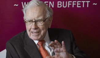In this May 5, 2019, file photo, Warren Buffett, chairman and CEO of Berkshire Hathaway, speaks following the annual Berkshire Hathaway shareholders meeting in Omaha, Neb. (AP Photo/Nati Harnik, File)