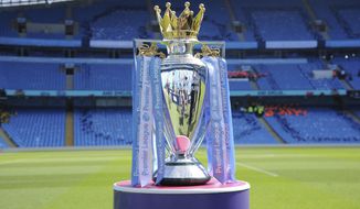 FILE - In this Sunday, May 6, 2018 file photo, the English Premier League trophy is displayed on the pitch prior to the English Premier League soccer match between Manchester City and Huddersfield Town at Etihad stadium in Manchester, England. Steve Parish, the chairman of Crystal Palace, says the Premier League could face years of legal challenges if this season is not completed due to the coronavirus pandemic. (AP Photo/Rui Vieira, File)