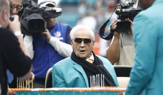 FILE - In this Dec. 22, 2019, file photo, former Miami Dolphins head coach Don Shula looks at a large cake celebrating the 1972 undefeated season and his birthday during half time at an NFL football game against the Cincinnati Bengals in Miami Gardens, Fla.  Shula, who won the most games of any NFL coach and led the Miami Dolphins to the only perfect season in league history, died Monday, May 4, 2020, at his South Florida home, the team said. He was 90. (AP Photo/Brynn Anderson, File)