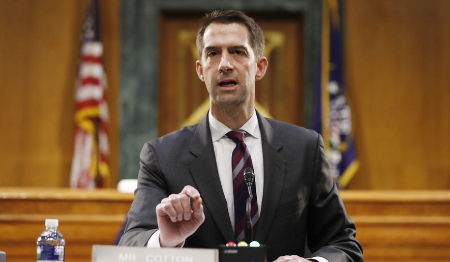 Sen. Tom Cotton, R-Ark., speaks during a Senate Intelligence Committee nomination hearing for Rep. John Ratcliffe, R-Texas, on Capitol Hill in Washington, Tuesday, May. 5, 2020. (AP Photo/Andrew Harnik, Pool) ** FILE **