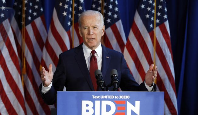 In this Tuesday, Jan. 7, 2020, file photograph, presumptive Democratic presidential nominee Joe Biden gestures during a foreign policy statement in New York. (AP Photo/File, Richard Drew) ** FILE **