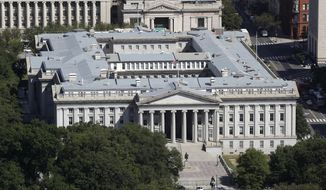 This Sept. 18, 2019 photo shows the U.S. Treasury Department building viewed from the Washington Monument in Washington. The Treasury Department says it will need to borrow a record $2.99 trillion during the current April-June quarter to cover the cost of various rescue efforts dealing with the coronavirus pandemic. Treasury said Monday, May 4, 2020 that the $2.99 trillion it plans to borrow this quarter will far surpass the $530 billion quarterly borrowing it did in the July-September 2008 quarter as it dealt with the 2008 financial crisis. The extraordinary sum of $2.99 trillion of borrowing in a single quarter dwarfs the $1.28 trillion the government borrowed in the bond market for all of 2019. (AP Photo/Patrick Semansky)