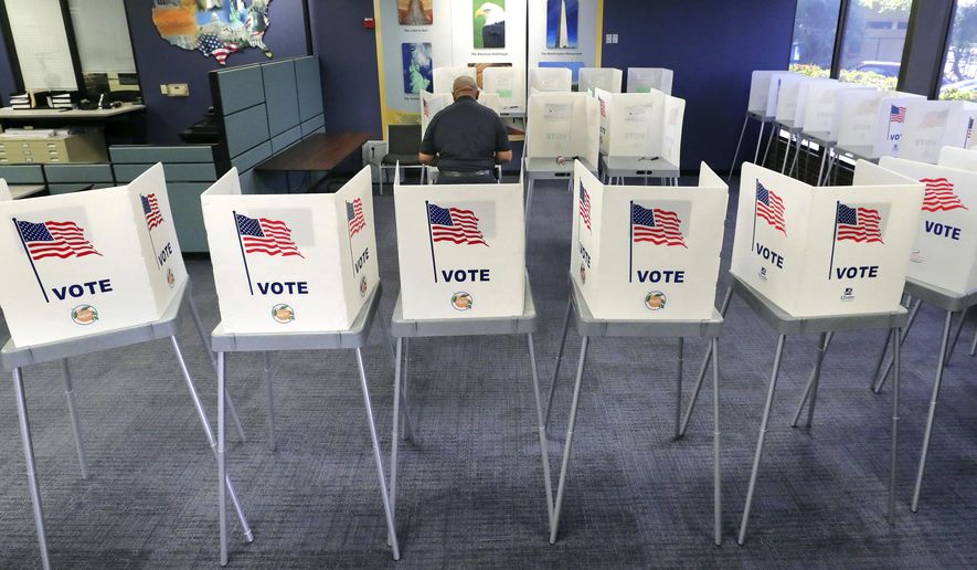 In this March 17, 2020, photo, a voter casts his ballot during Florida&#x27;s primary election at the Orange County Supervisor of Elections office in Orlando, Fla., Tuesday, Advocacy groups are suing state and county officials in Florida in an effort to change rules so that it&#x27;s easier for Floridians to vote by mail during the current pandemic. The lawsuit filed this week in federal court in Tallahassee, asks a judge to allow ballots to be counted if they are postmarked by Election Day but arrive within 10 days of that deadline. (Joe Burbank/Orlando Sentinel via AP) **FILE**