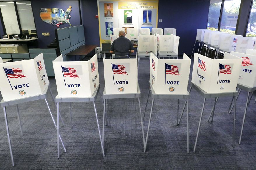 In this March 17, 2020, photo, a voter casts his ballot during Florida's primary election at the Orange County Supervisor of Elections office in Orlando, Fla., Tuesday, Advocacy groups are suing state and county officials in Florida in an effort to change rules so that it's easier for Floridians to vote by mail during the current pandemic. The lawsuit filed this week in federal court in Tallahassee, asks a judge to allow ballots to be counted if they are postmarked by Election Day but arrive within 10 days of that deadline. (Joe Burbank/Orlando Sentinel via AP) **FILE**