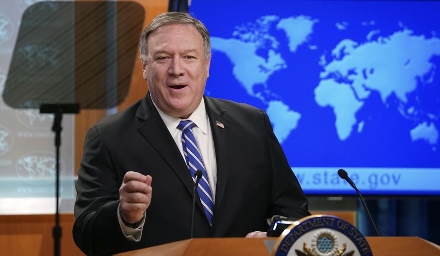Secretary of State Mike Pompeo speaks a news conference at the State Department in Washington on Wednesday, May 6, 2020. (Kevin Lamarque/Pool Photo via AP)