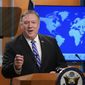 Secretary of State Mike Pompeo speaks a news conference at the State Department in Washington on Wednesday, May 6, 2020. (Kevin Lamarque/Pool Photo via AP)