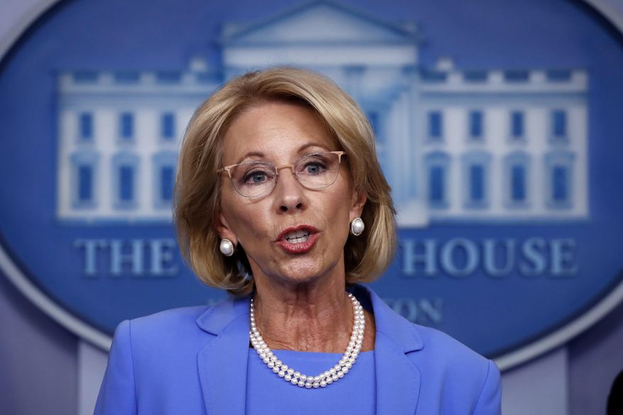In this March 27, 2020, photo, Education Secretary Betsy DeVos speaks about the coronavirus in the James Brady Press Briefing Room in Washington. (AP Photo/Alex Brandon) **FILE**