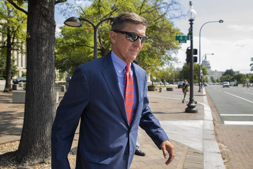In this Sept. 10, 2019, file photo, Michael Flynn, President Donald Trump&#x27;s former national security adviser, leaves the federal court following a status conference in Washington. (AP Photo/Manuel Balce Ceneta) ** FILE **