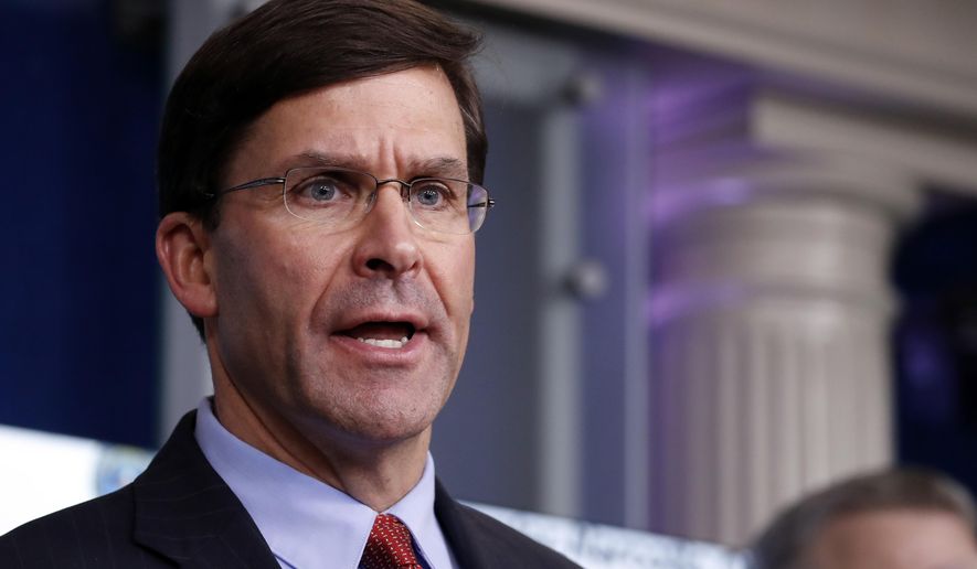 FILE - In this April 1, 2020, file photo, Defense Secretary Mark Esper speaks about the coronavirus in the James Brady Press Briefing Room of the White House in Washington. Esper is taking new steps to highlight and defend a Pentagon approach to fighting the coronavirus pandemic that some Democrats have criticized as slow and disjointed. Esper is flying to the headquarters of U.S. Northern Command in Colorado Springs, Colorado, to meet with Gen. Terrence O’Shaughnessy, who is spearheading the military’s support for civilian agencies combating the virus. (AP Photo/Alex Brandon, File)