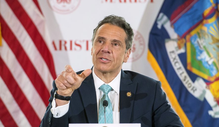In this photo provided by the Office of Governor Andrew M. Cuomo, Gov. Cuomo briefs the media at Marist College, Friday, May 8, 2020, in Poughkeepsie, N.Y. (Darren McGee/Office of Governor Andrew M. Cuomo via AP) ** FILE **
