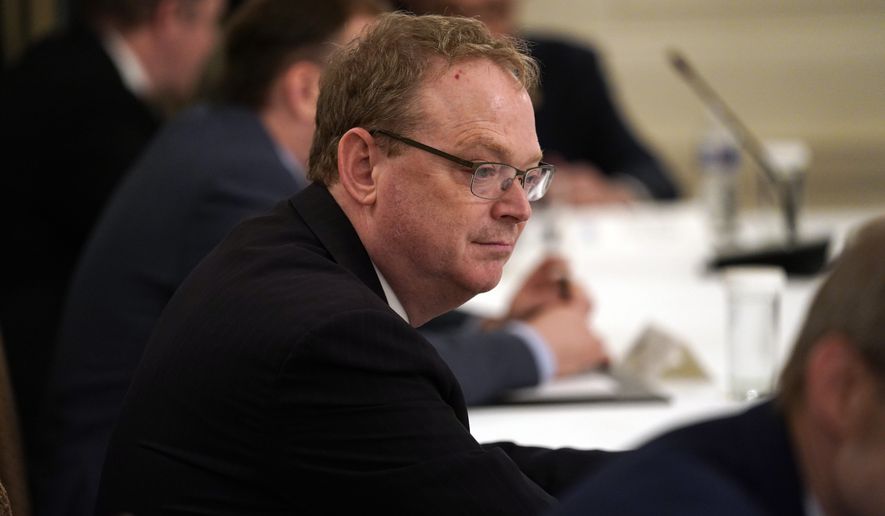 White House senior adviser Kevin Hassett arrives for a meeting between President Donald Trump and Republican lawmakers, in the State Dining Room of the White House, Friday, May 8, 2020, in Washington. (AP Photo/Evan Vucci)