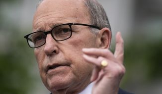 White House chief economic adviser Larry Kudlow speaks to reporters about the unemployment numbers caused by the coronavirus, at the White House, Friday, May 8, 2020, in Washington. (AP Photo/Evan Vucci)