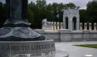 This May 6, 2020, photo shows the World War II Memorial in Washington. May 8, 2020, will mark the 75th anniversary of Nazi Germany&#39;s surrender, ending World War II in Europe. Eight World War II veterans will join President Donald Trump at a wreath-laying ceremony Friday to commemorate the 75th anniversary of the end of the war in Europe. In the midst of the coronavirus pandemic, White House officials describe the veterans as “choosing nation over self&amp;quot; by joining Trump at the World War II Memorial ceremony.  (AP Photo/Patrick Semansky)