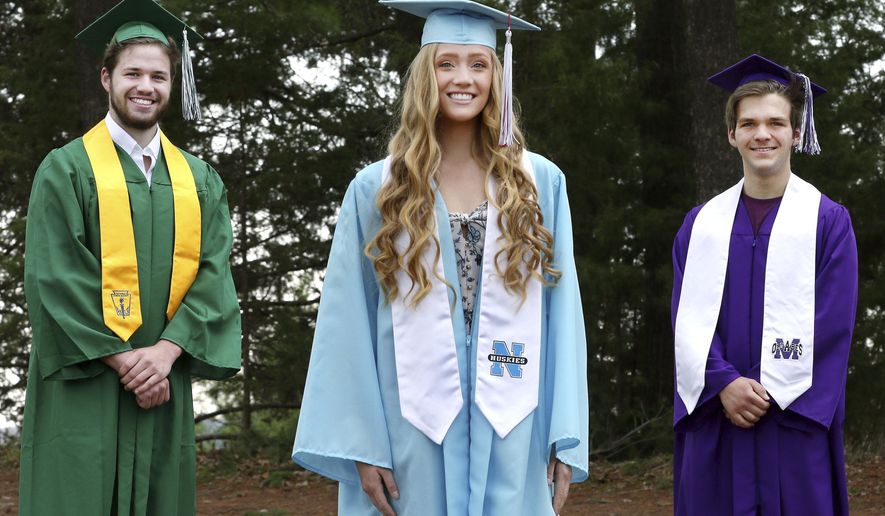 From left, high school graduates Michael Usher of Regis High School, Ally Klauck of North High School and Cole Pecor of Memorial High School are pictured Friday, May 1, 2020. All three will graduate this spring, but the coronavirus is forcing school districts to find new ways to hold ceremonies — some virtual, some postponing and hoping for summer. (Dan Reiland/The Eau Claire Leader-Telegram via AP)