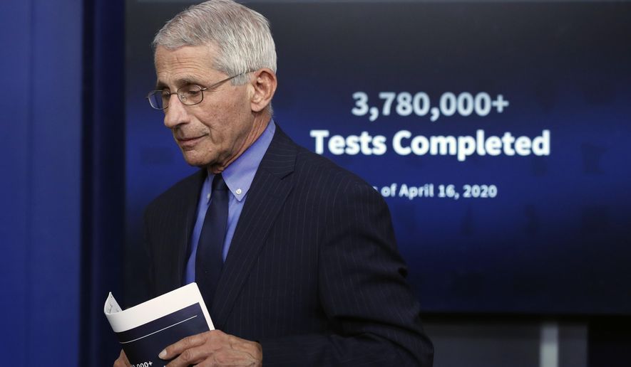 In this Friday, April 17, 2020, file photo, Dr. Anthony Fauci, director of the National Institute of Allergy and Infectious Diseases, walks from the podium after speaking about the new coronavirus in the James Brady Press Briefing Room of the White House, in Washington. Three members of the White House coronavirus task force, including Fauci, have placed themselves in quarantine after contact with someone who tested positive for COVID-19, another stark reminder that not even one of the nation’s most secure buildings is immune from the virus. (AP Photo/Alex Brandon, File)