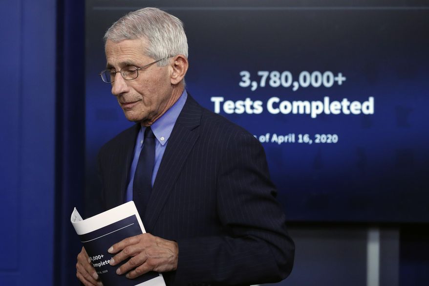 In this Friday, April 17, 2020, file photo, Dr. Anthony Fauci, director of the National Institute of Allergy and Infectious Diseases, walks from the podium after speaking about the new coronavirus in the James Brady Press Briefing Room of the White House, in Washington. Three members of the White House coronavirus task force, including Fauci, have placed themselves in quarantine after contact with someone who tested positive for COVID-19, another stark reminder that not even one of the nation’s most secure buildings is immune from the virus. (AP Photo/Alex Brandon, File)