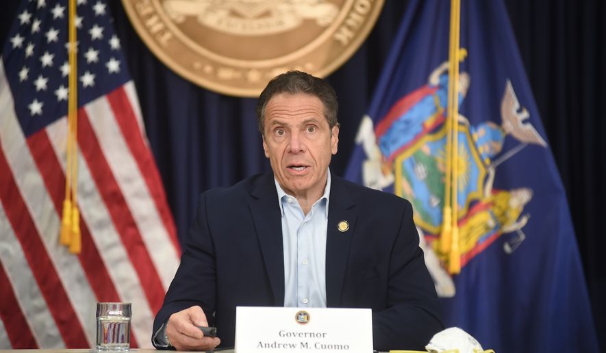 New York Gov. Andrew Cuomo briefs the media during a coronavirus news conference at his office in New York City, Saturday, May 9, 2020. (John Roca/New York Post via AP, Pool) **FILE**