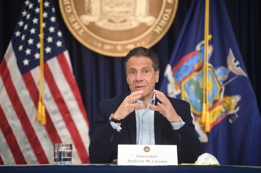 New York Gov. Andrew Cuomo briefs the media during a coronavirus news conference at his office in New York City, Saturday, May 9, 2020. (John Roca/New York Post via AP, Pool)