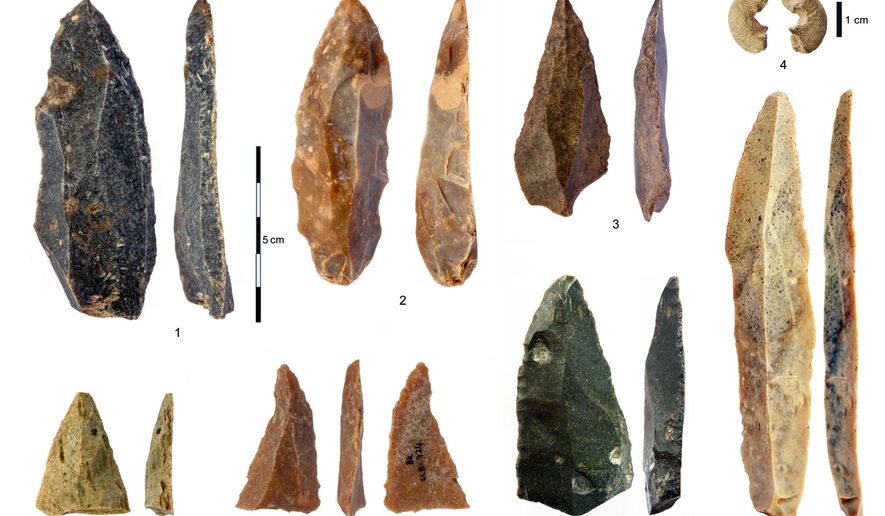 This image provided by Tsenka Tsanova in May 2020 shows stone artifacts from the Initial Upper Paleolithic discovered in the Bacho Kiro Cave in Bulgaria. Two new studies Monday, May 11, 2020, show that Homo sapiens bones found in the Bulgarian cave date back to as far as 46,000 years ago, which is thousands of years earlier than previous human fossils in Europe.(Tsenka Tsanova via AP)