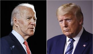 Former Vice President Joe Biden speaks in Wilmington, Del., on March 12, 2020, (left) and President Donald Trump speaks at the White House in Washington on April 5, 2020. (AP Photo, File)