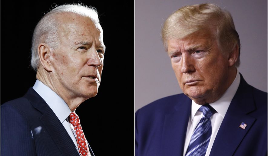 Former Vice President Joe Biden speaks in Wilmington, Del., on March 12, 2020 (left) and President Donald Trump speaks at the White House in Washington on April 5, 2020. (AP Photo, File)