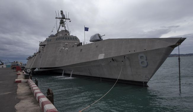 In this Sept. 2, 2019, file photo, the USS Montgomery, one of the ships that will participate in Association of Southeast Asian Nations, ASEAN-U.S. Maritime Exercise is docked in Sattahip, Thailand. USNI News said the littoral combat ship USS Montgomery and replenishment ship USNS Cesar Chavez conducted a patrol on Thursday, May 7, 2020. near the Panamanian-flagged drill ship West Capella, which has been contracted by Malaysian state oil company Petronas to conduct surveys within Malaysia’s exclusive economic zone.(AP Photo/Gemunu Amarasinghe, File)