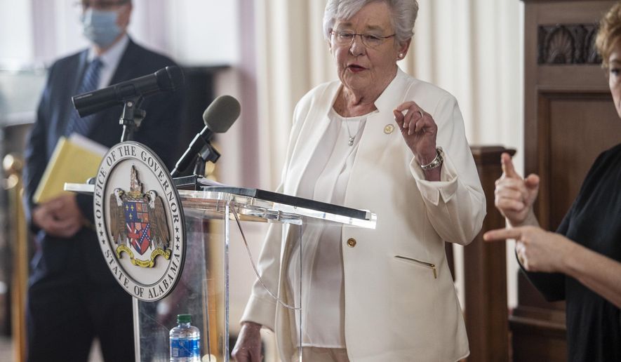 Alabama Gov. Kay Ivey speaks at the State Capitol in Montgomery, Ala., on Friday, May 8, 2020. (Jake Crandall/The Montgomery Advertiser via AP)