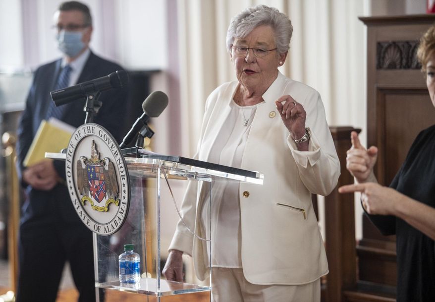 Alabama Gov. Kay Ivey speaks at the State Capitol in Montgomery, Ala., on Friday, May 8, 2020. (Jake Crandall/The Montgomery Advertiser via AP)