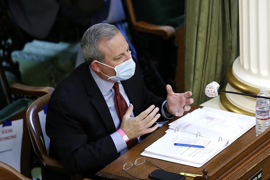 Mark Ghilarducci, director of the governor's Office of Emergency Services, discusses the state's purchase of protective equipment to battle the coronavirus, during an oversight hearing in Sacramento, Calif., Monday, May 11, 2020. Members of the Assembly Accountability & Administrative Review Committee were looking into the state's rush to purchase items like masks and what changes should be made to the procurement process after several deals went bad. (AP Photo/Rich Pedroncelli)