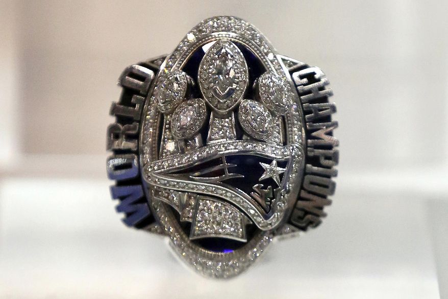 FILE - In this March 1, 2018, file photo, a New England Patriots Super Bowl LI ring, created after the 38-24 win over the Atlanta Falcons in 2017, is seen at the Super Bowl Rings exhibit in Indianapolis. New England Patriots owner Robert Kraft has donated his Super Bowl LI championship ring to an auction that raises money to provide meals for those in need during the coronavirus pandemic. (AP Photo/Gregory Payan, File)