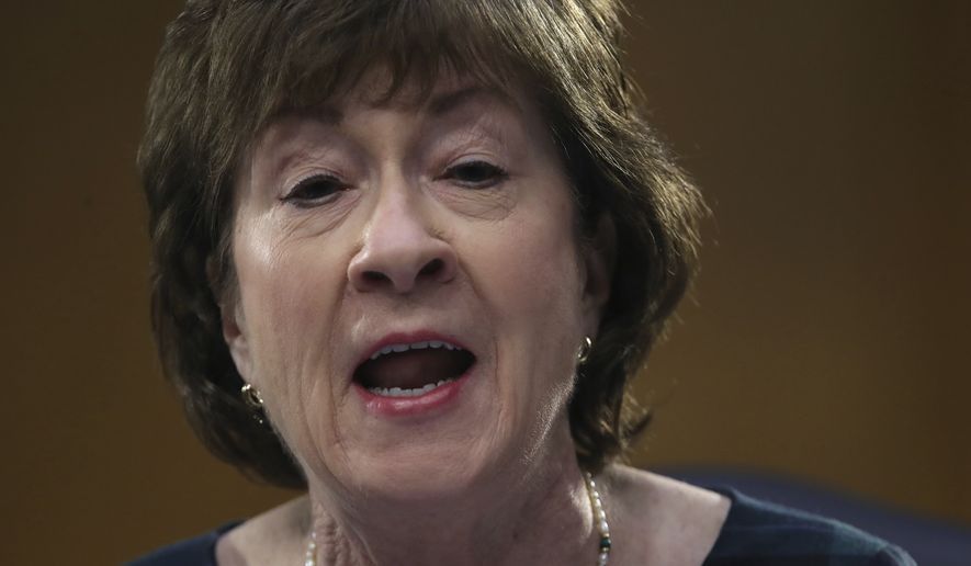 Sen. Susan Collins, R-Maine, speaks during a virtual Senate Committee for Health, Education, Labor, and Pensions hearing, Tuesday, May 12, 2020 on Capitol Hill in Washington. (Win McNamee/Pool via AP)