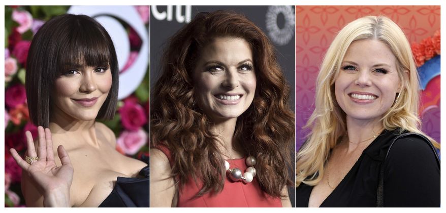This combination of photos shows, from left, Katharine McPhee, Debra Messing and Megan Hilty, who will reunite May 20 to present a stream of the one-night-only 2015 Broadway concert of the musical within the TV show “Smash.” In the series, Hilty and McPhee played feuding actresses hoping to play Marilyn Monroe. (AP Photo)