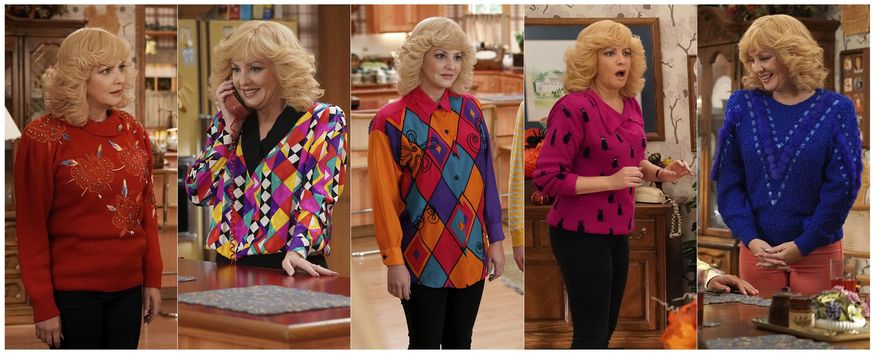 This combination of photos released by ABC shows McLendon-Covey as Beverly Goldberg in scenes from the comedy series "The Goldbergs." Costume designer Keri Smith creates the signature looks for the fictional Beverly. (ABC via AP)