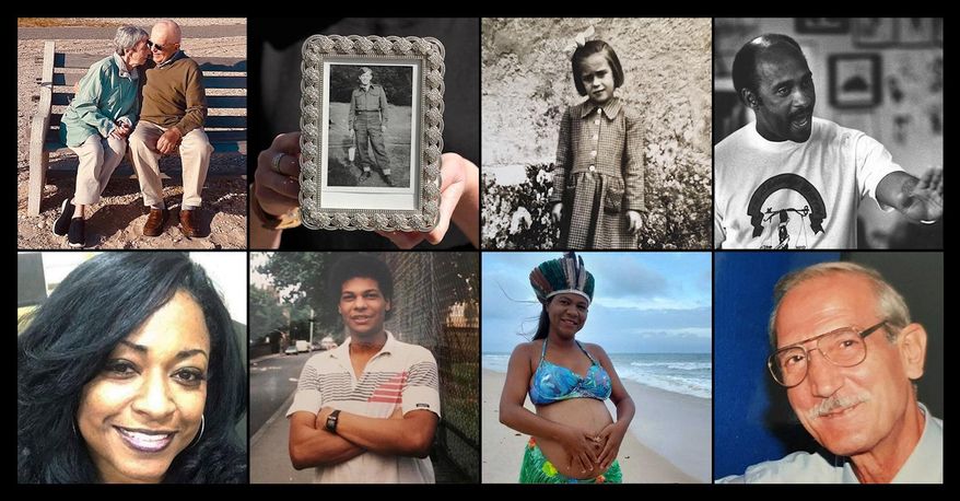 In this combination image of file photos, from top left, shows an undated photo of Joan and Ed Porco in Orient, N.Y., provided by Julia Chachere; an April 8, 2020, photo of Bill Chambers when he was a young solider in the Canadian Army; an undated photo of Hannelore Fischer as a child after arriving in Portugal, provided by José Miguel Cruz da Costa; an undated photo of Sgt. Lenard Wells, a member of the League of Martin in Wisconsin, provided by Carl Hoyt/Milwaukee Journal-Sentinel; from bottom left, an undated photo of Laneeka Barksdale, provided by the Barksdale family; a mid-1980s photo of then student Dr. Amged El-Hawrani in north London, who died March 28 at Glenfield Hospital in Leicester, Britain; an early 2020 photo of Rafaela de Jesus Silva in Troncoso, Brazil, who gave birth on March 25, 2020, and died a week later from coronavirus complications, provided by her boyfriend Erisvaldo Lopes Dos Santos; and an undated photo of Enrico Giacomoni provided by the Giacomoni family. (Various sources via AP, File)