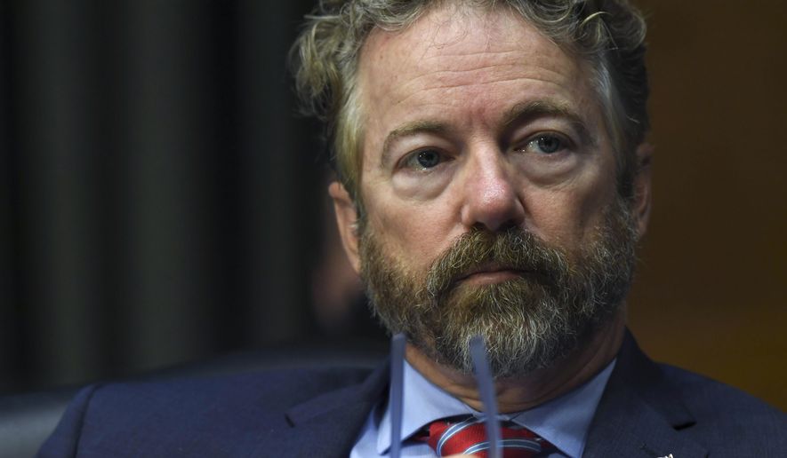 Sen. Rand Paul, R-Ky., listens during a virtual Senate Committee for Health, Education, Labor, and Pensions hearing, Tuesday, May 12, 2020 on Capitol Hill in Washington.  (Toni L. Sandys/The Washington Post via AP, Pool)