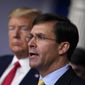 In this March 18, 2020, photo, Defense Secretary Mark Esper speaks as President Donald Trump listens during a press briefing with the coronavirus task force, at the White House in Washington. (AP Photo/Evan Vucci) **FILE**