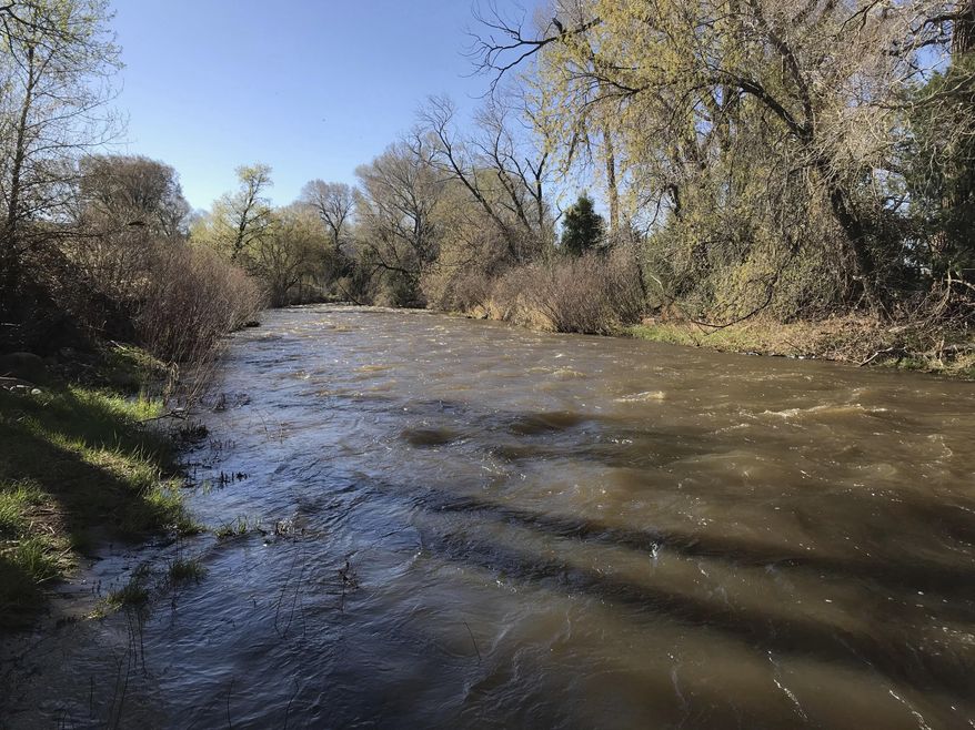 This April 29, 2020 image provided by Ralph Vigil shows the Pecos River near Pecos, N.M. Vigil and a coalition of other farmers, environmentalists and local officials are petitioning the state Water Quality Control Commission to designate portions of the river, tributaries and other drainages in the upper reaches of the northern New Mexico watershed as "Outstanding National Resources Waters" to prevent future degradation. (Ralph Vigil/Molino de la Isla Organics LLC via AP)