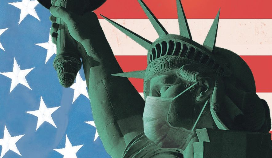 Illustration on American exceptionalism in the face of a crisis by Linas Garsys/The Washington Times