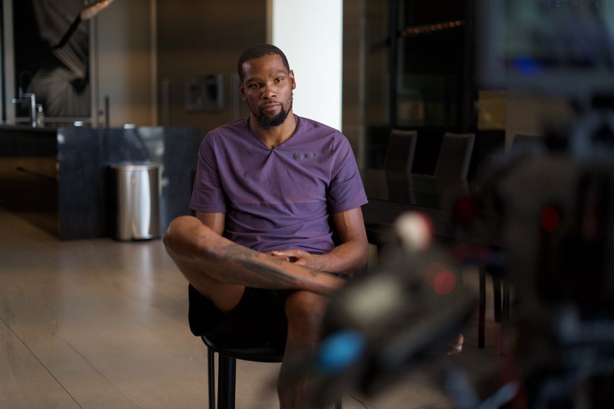 Brooklyn Nets star and Maryland native Kevin Durant is interviewed for Showtime's "Basketball County: In the Water" documentary, which airs Friday at 9 p.m. Durant serves as an executive producer. (Photo courtesy of Showtime)
