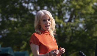 Counselor to the President Kellyanne Conway speaks with reporters at the White House, Friday, May 15, 2020, in Washington. (AP Photo/Alex Brandon)