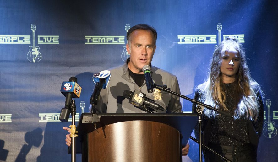 Mike Brown, vice president of Temple Live, speaks during a press conference at the Temple Live concert venue, Thursday, May 14, 2020, in Fort Smith, Ark. The Arkansas Department of Health issued a cease and desist order on a planned concert, what would have been one of the first in the nation to start up again. Travis McCready of the band Bishop Gunn was scheduled to perform at the venue. (Charlie Kaijo/The Northwest Arkansas Democrat-Gazette via AP)