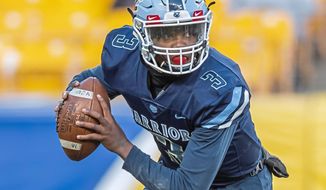 In this Nov. 16, 2019 photo, Central Valley&#39;s Ameer Dudley looks to pass during the WPIAL Class 3A championship at Heinz Field in Pittsburgh. Ameer, 17, is a junior at Central Valley High School and one of the most sought-after quarterback recruits in the area. He treats every game of “Madden NFL” or “NBA 2K” just as seriously as he does playing in a WPIAL championship game at Heinz Field — as long as he’s competing against friends. (Steph Chambers/Pittsburgh Post-Gazette via AP)