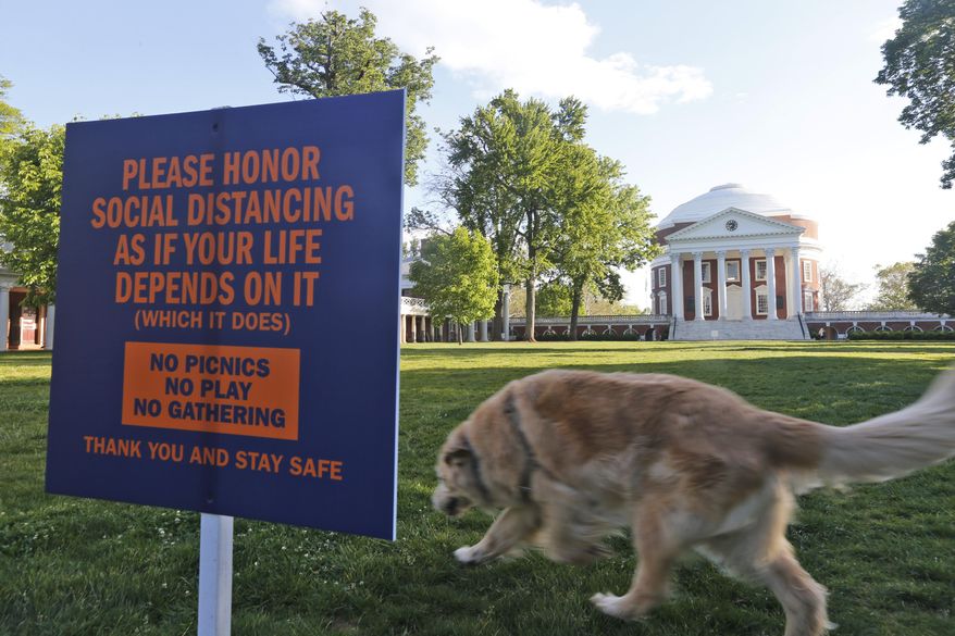 The Lawn at the University of Virginia is desolate on graduation weekend at the school Saturday May 16, 2020, in Charlottesville, Va. The lawn would normally be the scene of the school's graduation with 30,000 people in attendance. (AP Photo/Steve Helber) **FILE**
