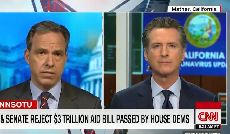 California Gov. Gavin Newsom discusses the coronavirus pandemic on CNN&#39;s &quot;State of the Union,&quot; May 17, 2020. The Democrat claims that first responders will be &quot;the first ones laid off&quot; unless more federal dollars arrive soon. (Image: CNN video screenshot) 