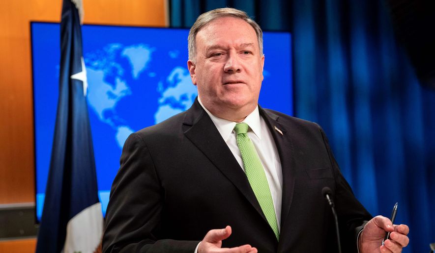 In this file photo, Secretary of State Mike Pompeo speaks during a press briefing at the State Department on Wednesday, May 20, 2020, in Washington. (Nicholas Kamm/Pool Photo via AP) **FILE**


