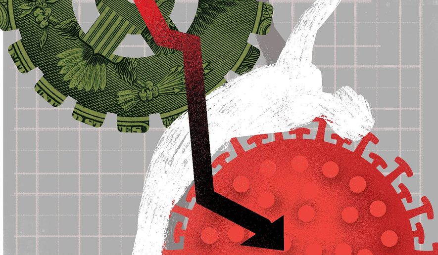 Illustration on reopening the country by Linas Garsys/The Washington Times